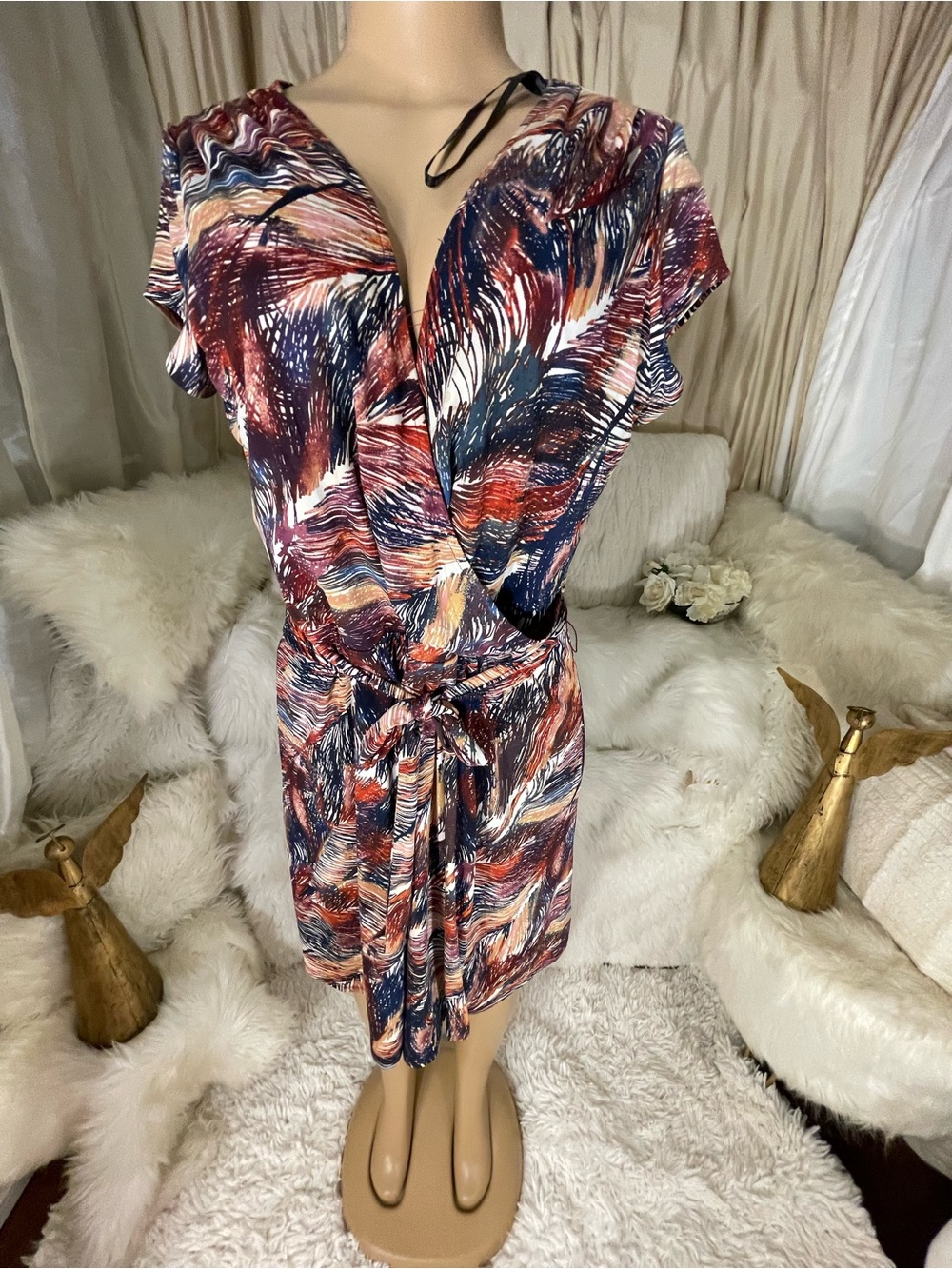 Liz Claiborne Multicolor Wave-Print Wrap Midi Dress - Navy, Red, Cream